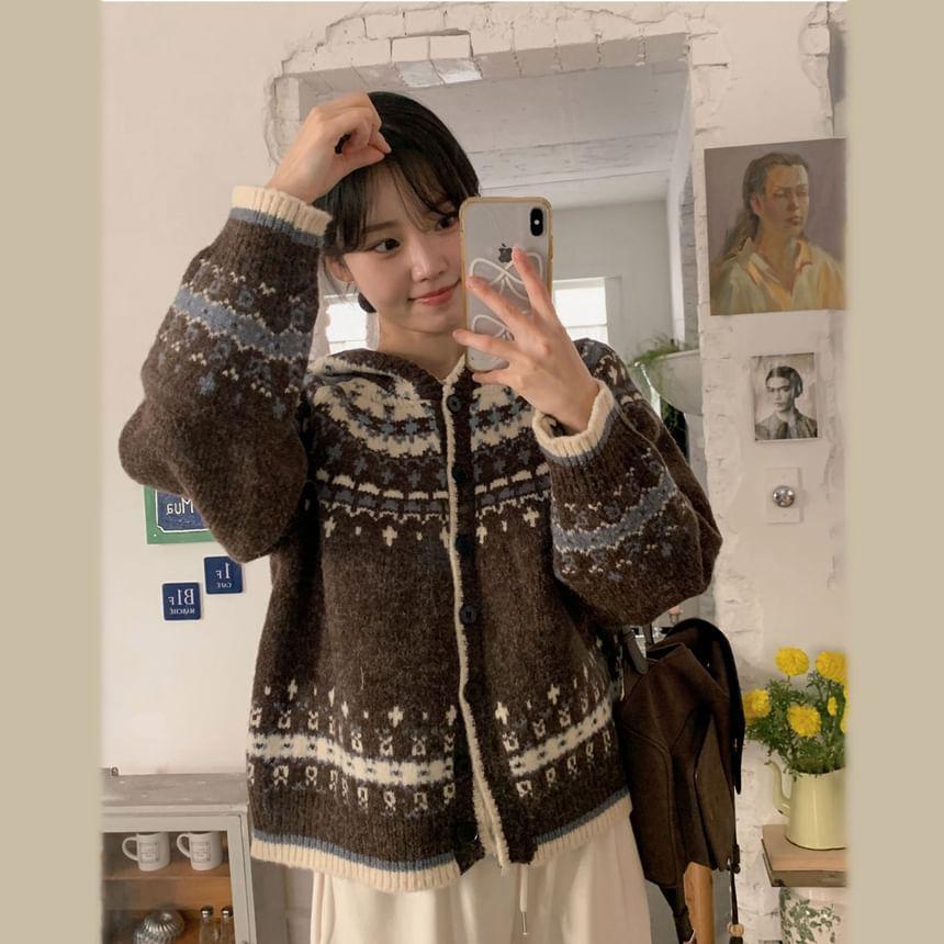 Hooded Patterned Button Up Oversized Cardigan Product Image