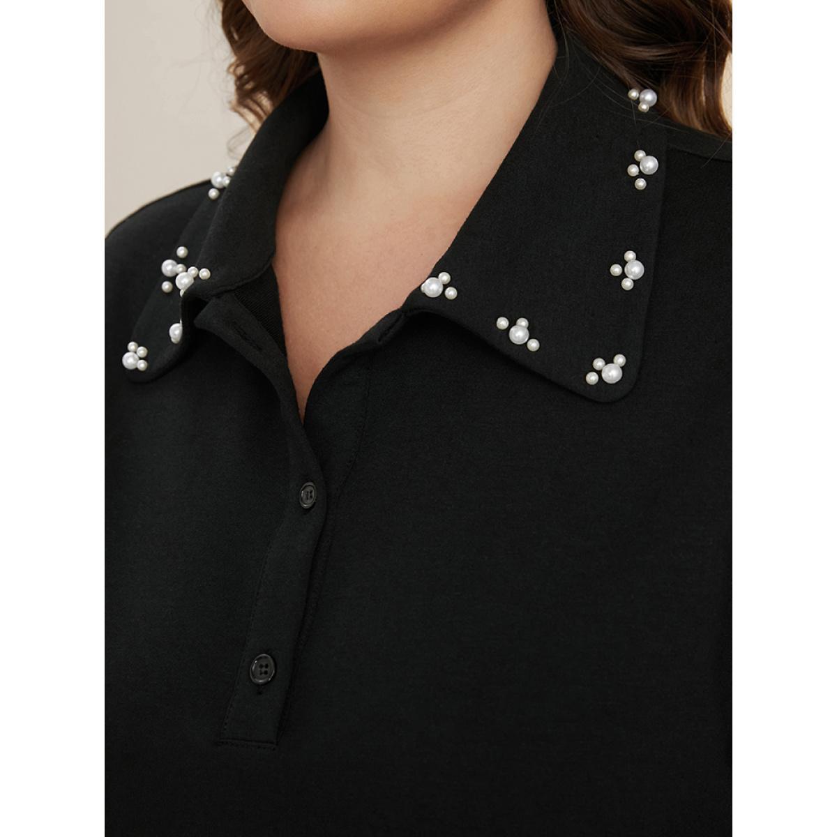 Plus Size Solid Button Up Pearl Beaded Polo Neck Sweatshirt Women Black Elegant Beaded Polo Dailywear Sweatshirts BloomChic 14-16/1X Product Image