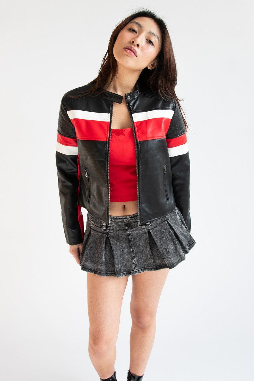 Racing Stripe Pleather Moto Jacket Product Image
