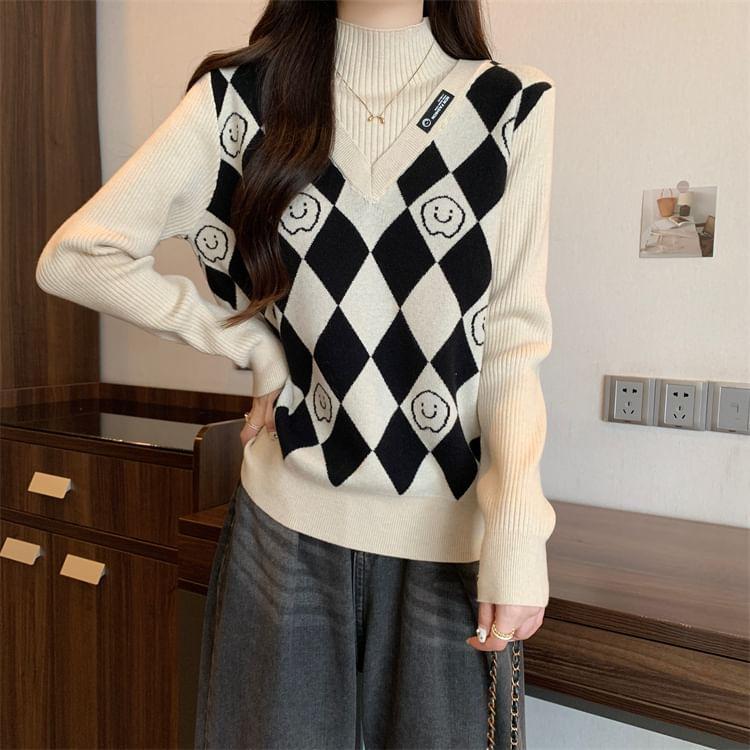 Long-Sleeve Mock Neck Mock Two-Piece Smiley Face Print Panel Knit Top Product Image