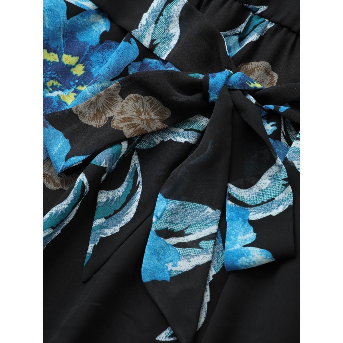 Plus Size Floral Print Surplice Neck Belted Mesh Dress Black Women Elegant Non Overlap Collar Elbow-length sleeve Curvy Midi Dress BloomChic 30/6X Product Image