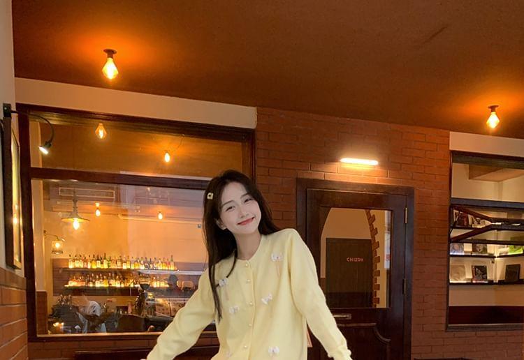 Round Neck Plain Bow Cardigan Product Image