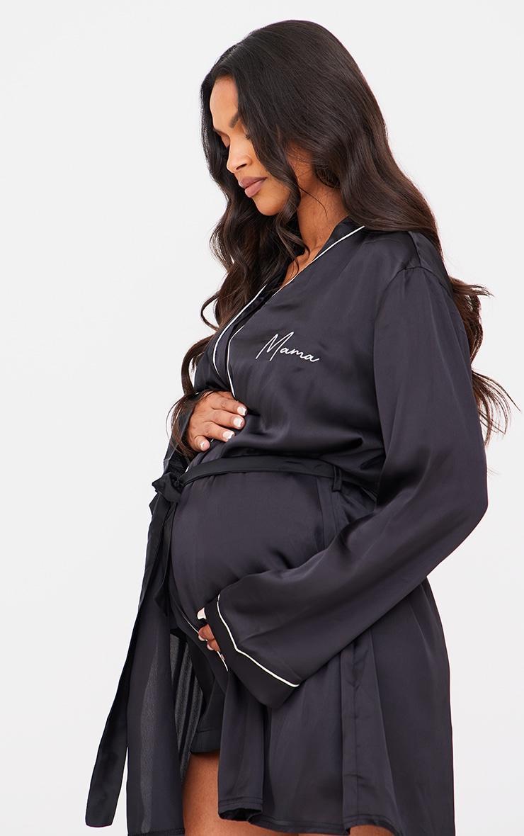 Maternity Black Embroidered Mama Satin Tie Waist Robe Product Image