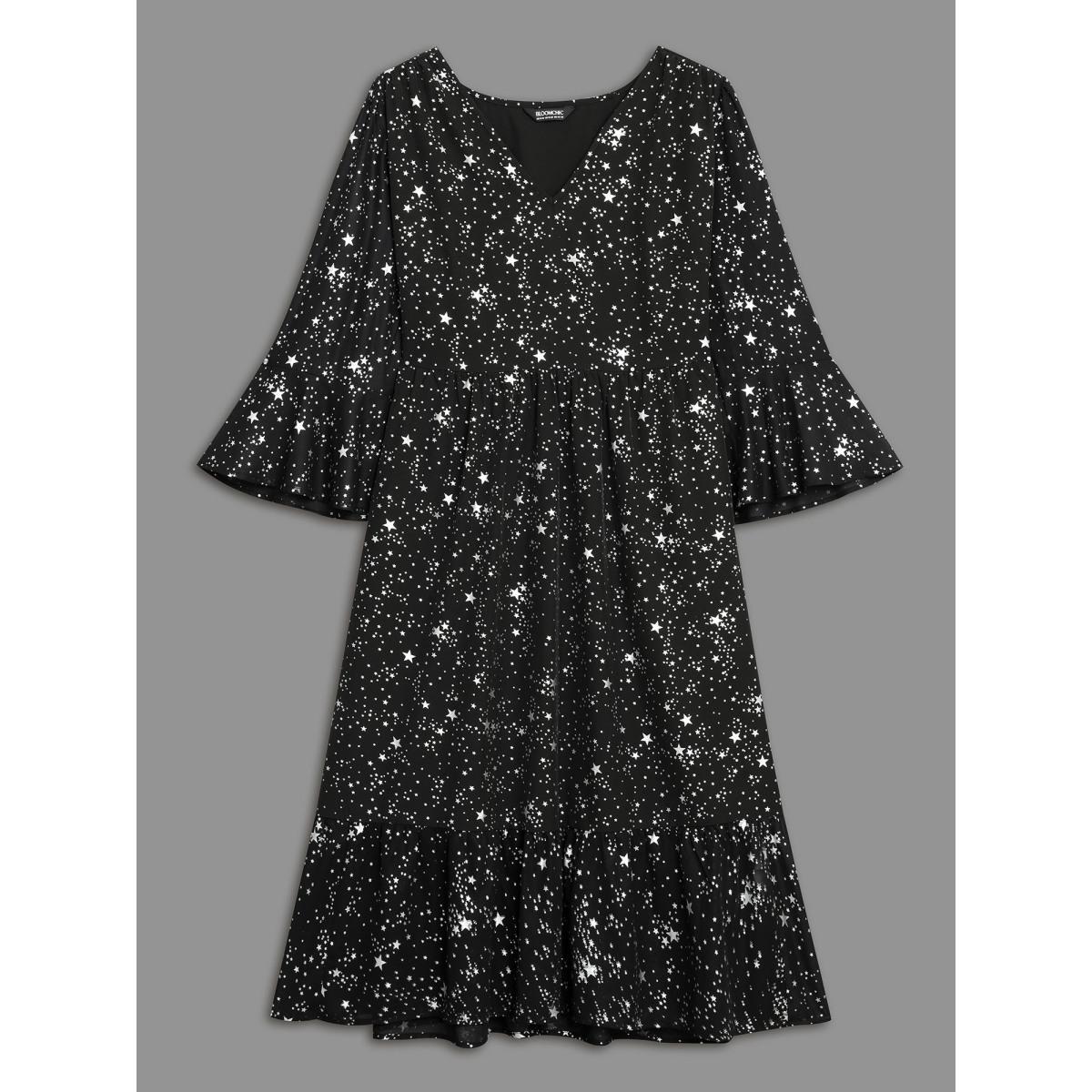 Plus Size Glitter Star Flutter Sleeve Chiffon Dress Black Women Cocktail Gathered Knit Dresses Bloomchic 18-20/2X Product Image