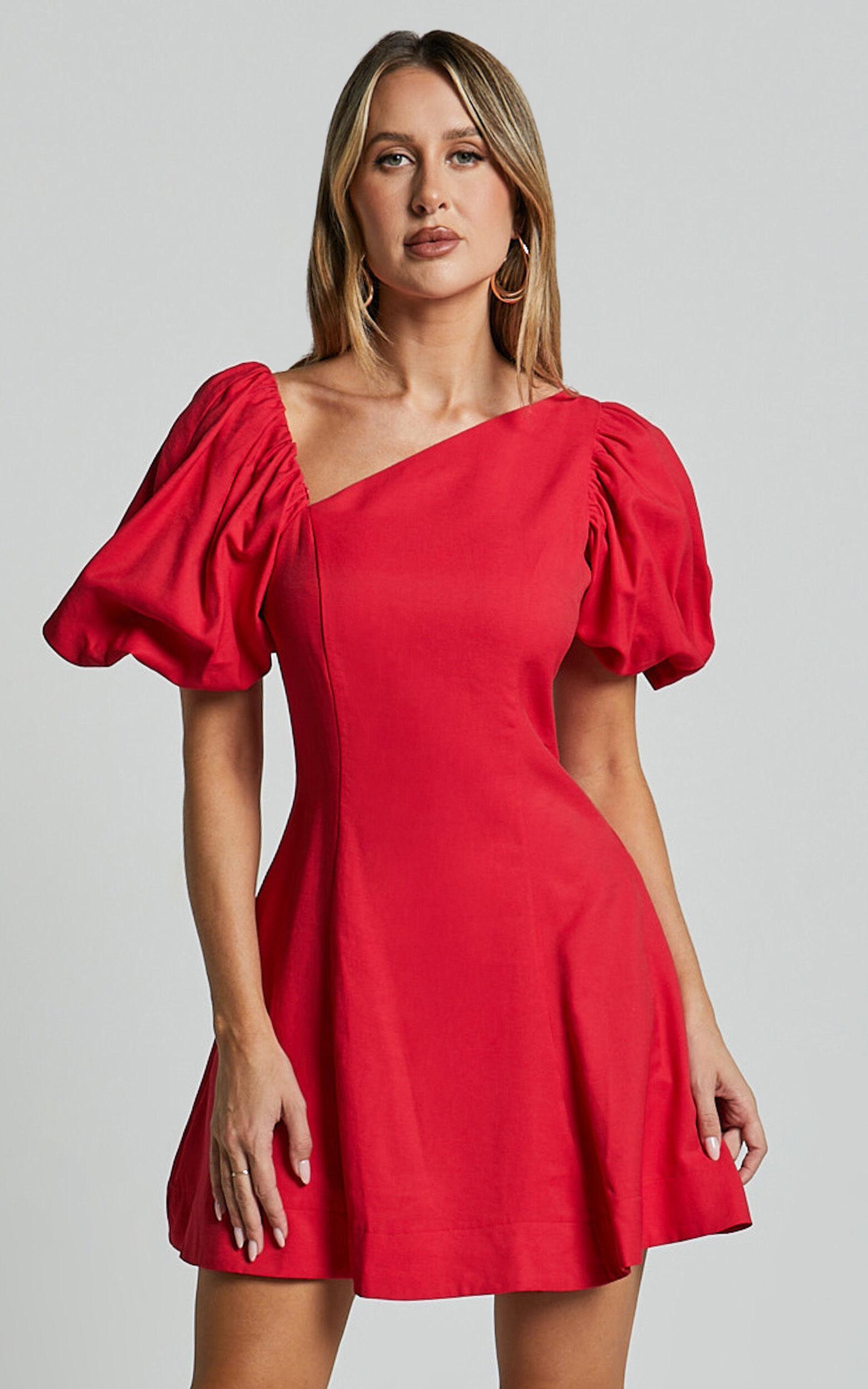 Harlow Mini Dress - Asymmetric Puff Sleeve Flare Dress in Red Product Image