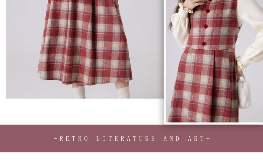 Sleeveless Crew Neck Plaid Button Accent Midi A-Line Dungaree Dress Product Image