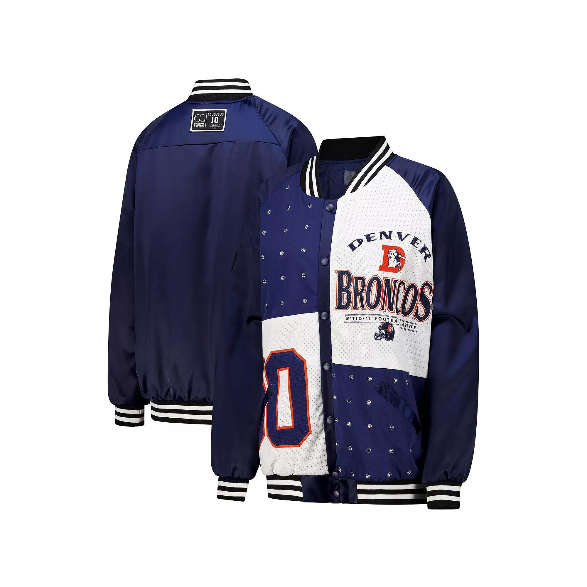 Women's Gameday Couture  Navy/White Denver Broncos Oversized Hot Shot Rhinestone Throwback Full-Snap Varsity Bomber Jacket, Size: 2XL, Blue Product Image