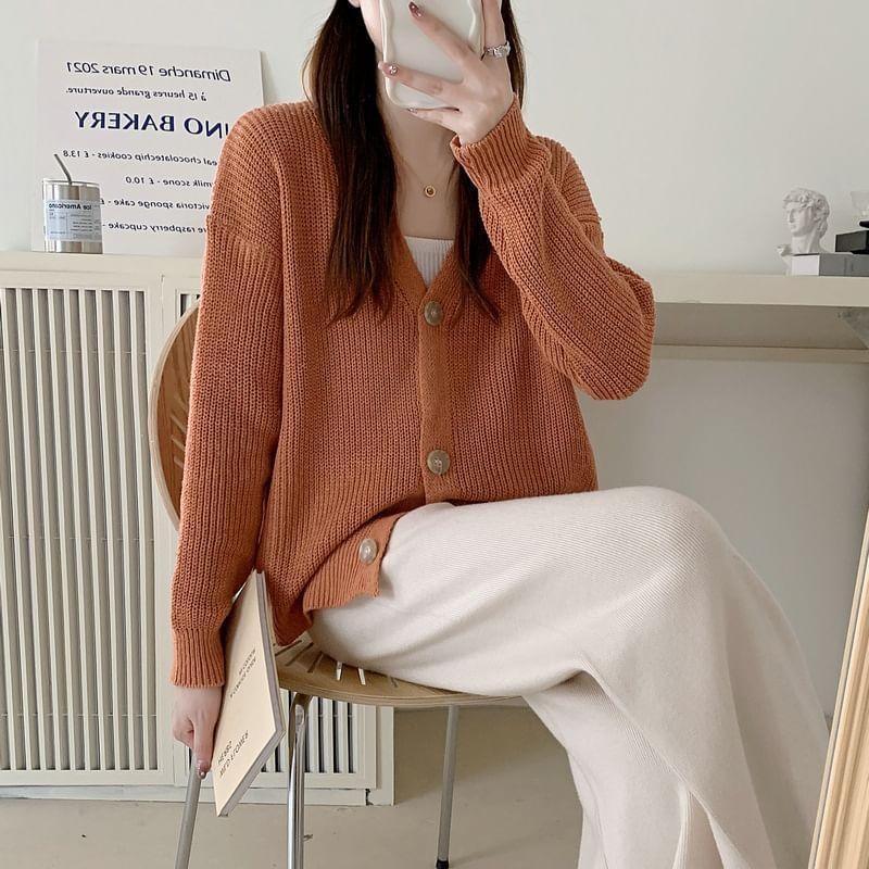V-Neck Plain Button Down Cardigan Product Image