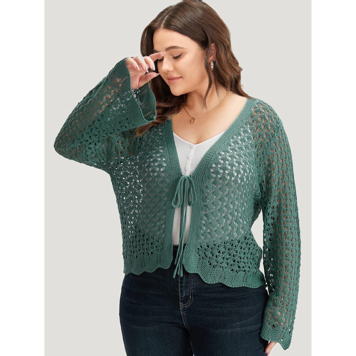 Plus Size Hollow Out Ties Front Bell Sleeve Cardigan Emerald Women Casual Loose Long Sleeve Everyday Cardigans BloomChic 30/6X Product Image