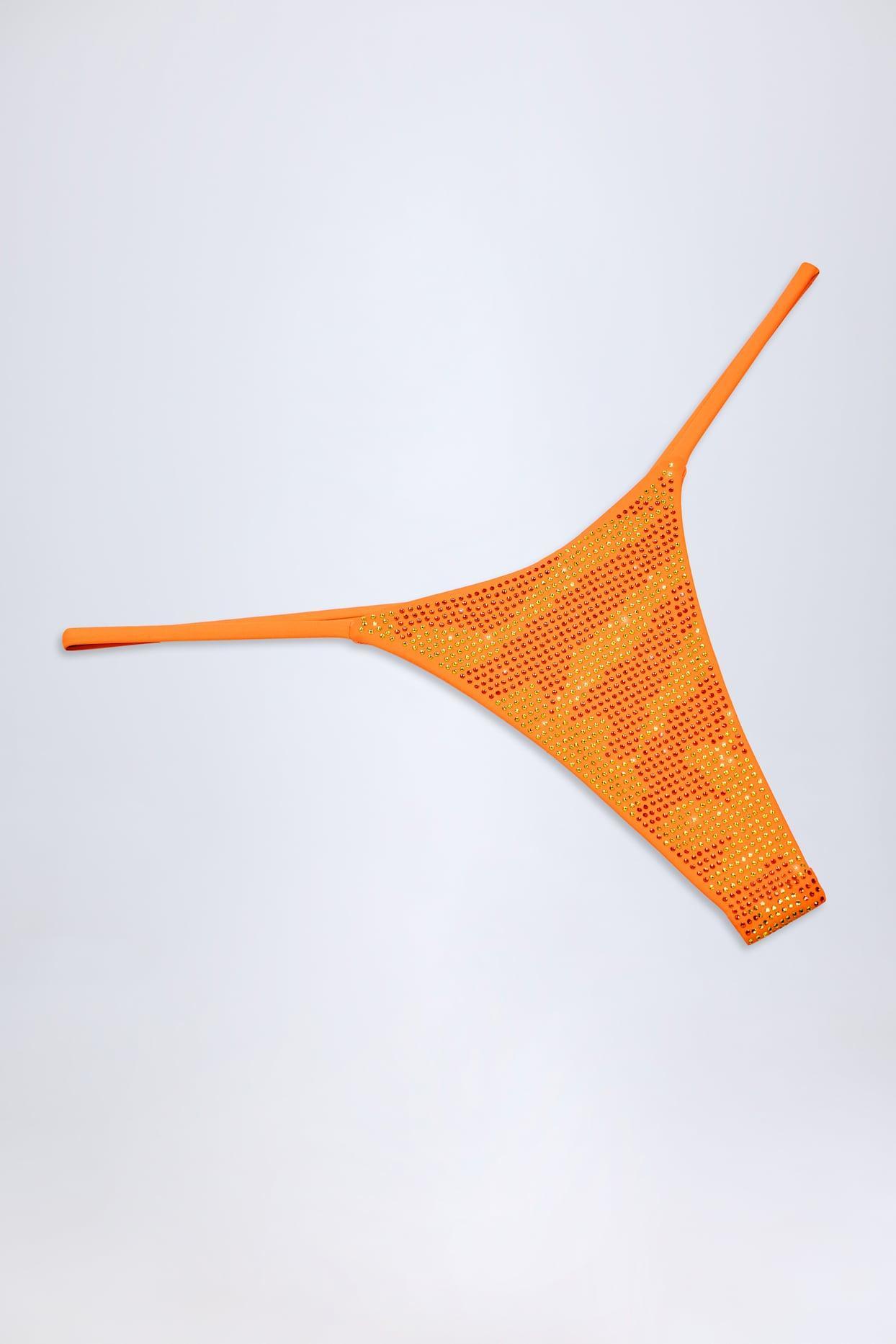 Embellished Thong Bikini Bottoms in Orange Tropical Hotfix Product Image