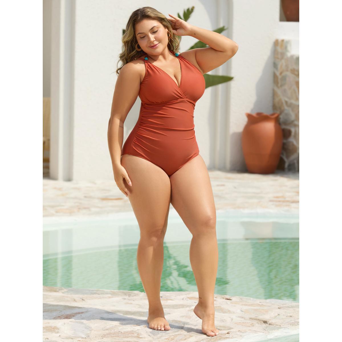 Plus Size Ruched Plunging Neck One-Piece Swimsuit Women's Swimwear Rust Beach Gathered Curve Bathing Suits High stretch One Pieces BloomChic 30/6X Product Image