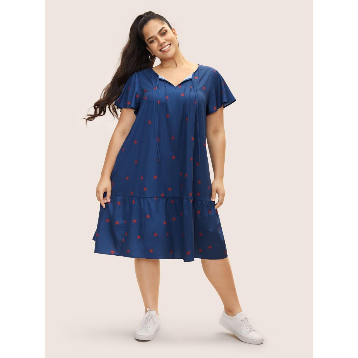 Plus Size Star Pleated Tie Knot Ruffle Sleeve Dress Mediumblue Women Casual Notched collar Short sleeve Curvy BloomChic 30/6X Product Image