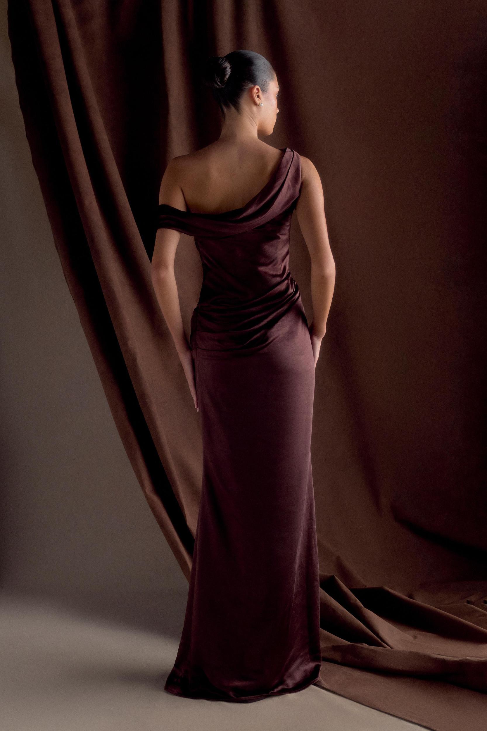 Dalia Off Shoulder Satin Maxi Dress - Dark Chocolate Product Image