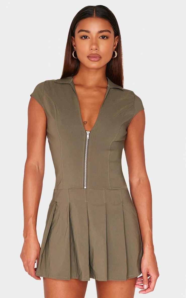 Khaki Zip Up Pleated Shift Dress Product Image