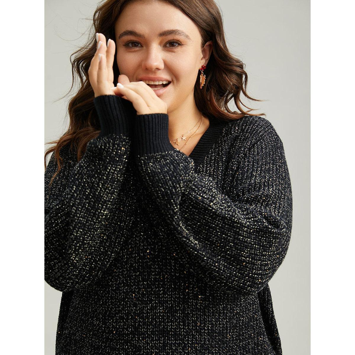 Plus Size Sparkly Elastic Cuffs Loose Pullover Black Women Casual Loose Long Sleeve V-neck Dailywear Pullovers BloomChic 28/5X Product Image