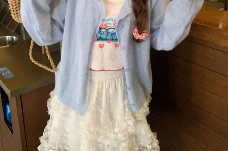 Halter Lettering Print Top / Crew Neck Plain Cardigan / High Rise Plain Frill Lace Mini A-Line Skirt Product Image