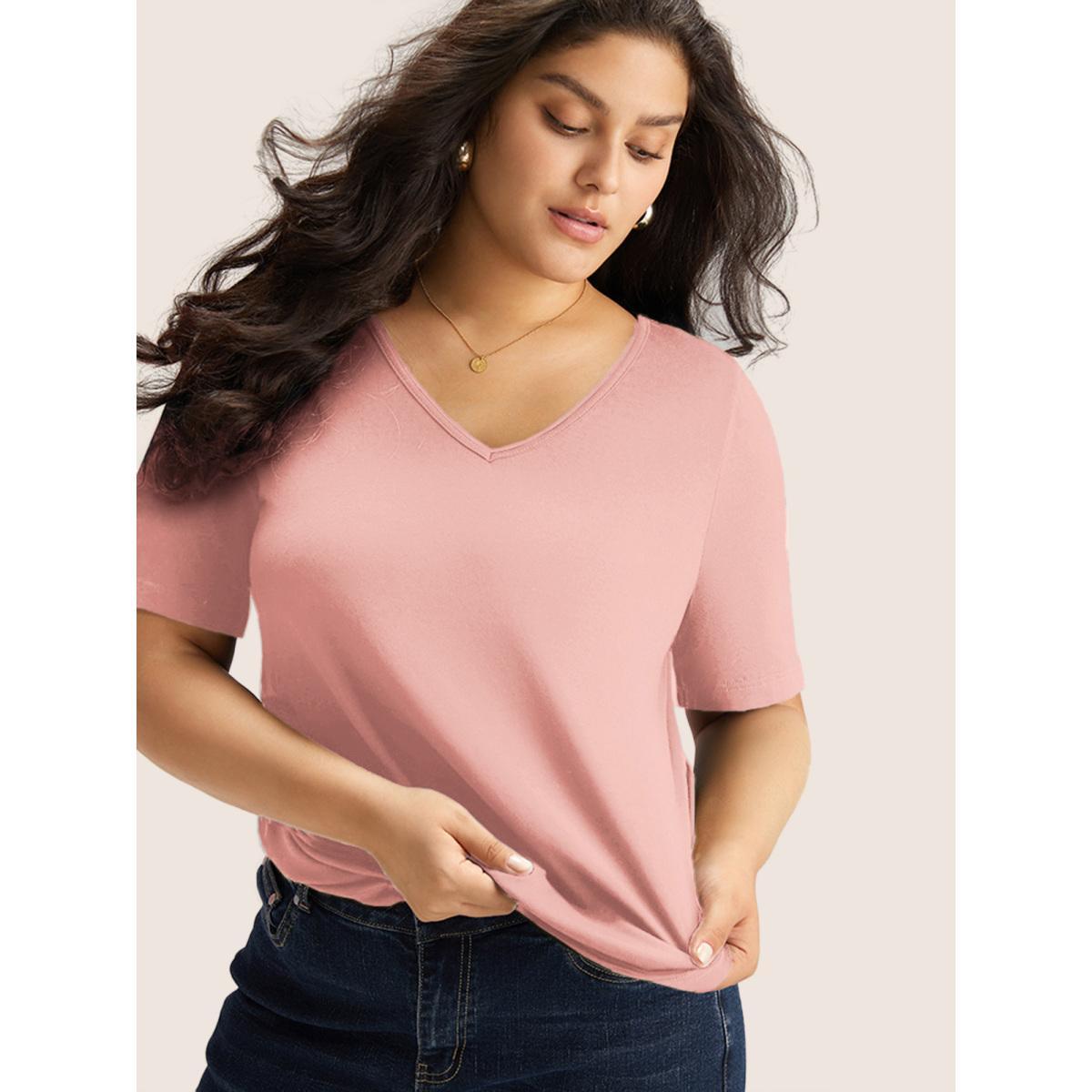Plus Size Cotton V Neck Plain Basic T-shirt Blush Women Basics Non Plain V-neck Everyday T-shirts BloomChic 10/M Product Image