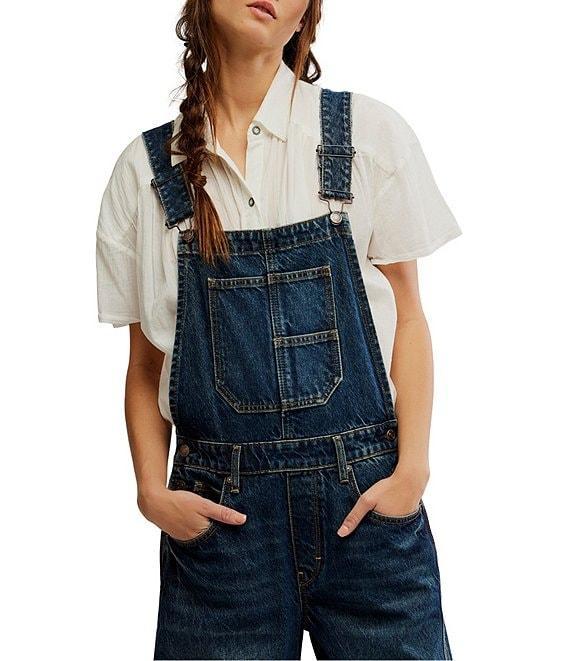 Free People We The Free Good Luck Denim Square Neck Barrel Leg Overalls Product Image