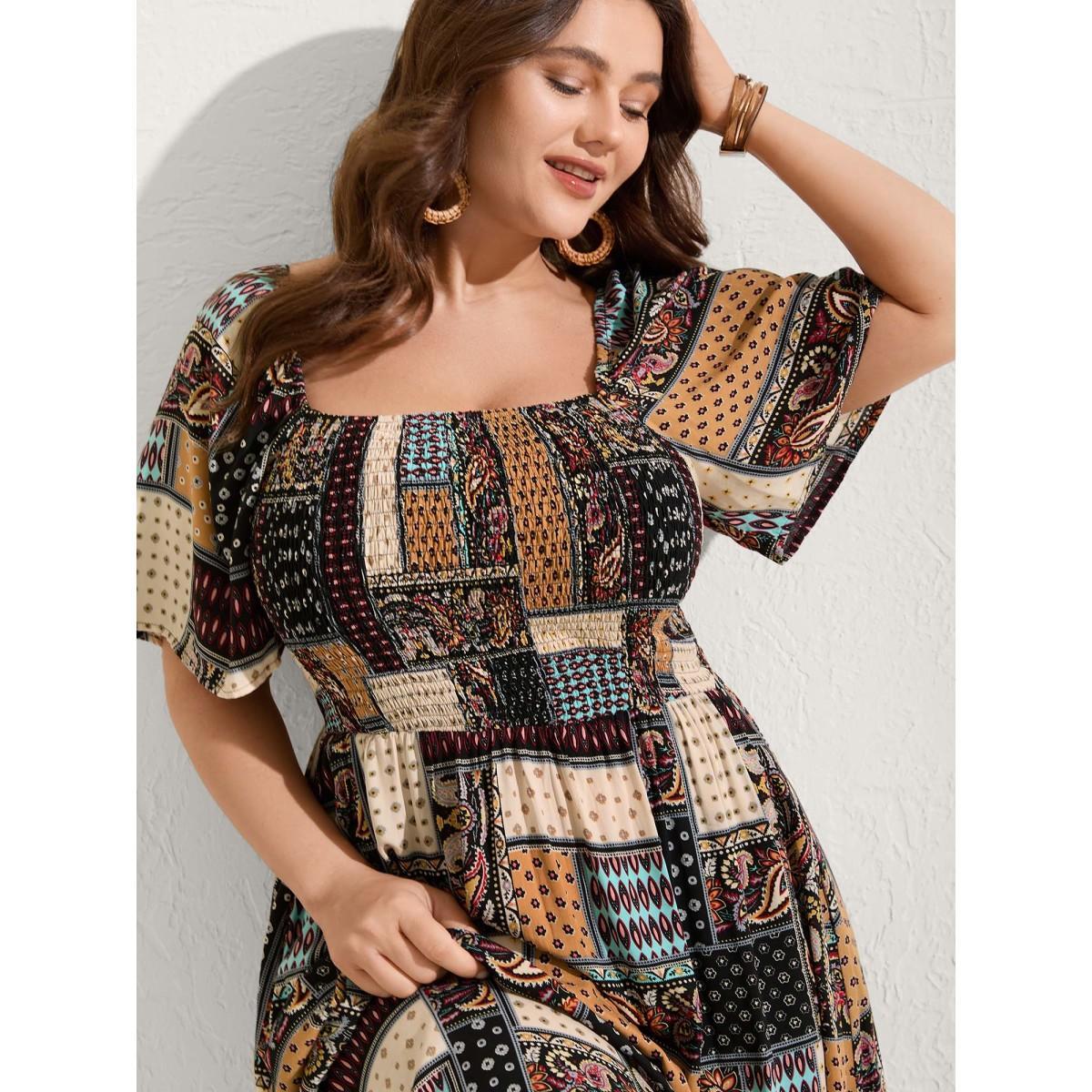 Plus Size Paisley Floral Collage Shirred Pockets Midi Dress Black Women Square Neck Short sleeve Curvy BloomChic 28/5X Product Image