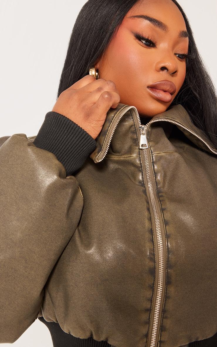 Plus Dark Khaki Faux Leather Washed Cropped Fold Over Puffer Jacket Product Image