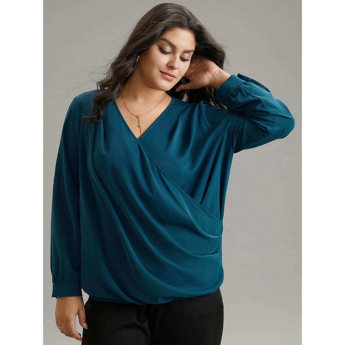 Plus Size Indigo Solid Crossover Roll Tab Sleeve Blouse Women Office Long Sleeve Overlap Collar Work Blouses BloomChic 22-24/3X Product Image