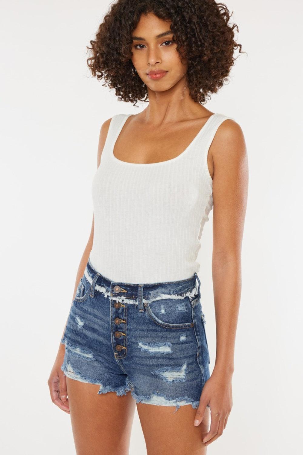 Kancan Dark Wash Distressed Button Fly Denim Shorts Product Image