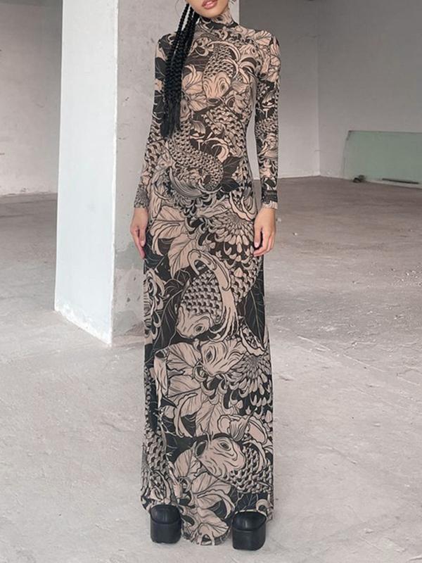 Long Sleeves Skinny Printed See-Through Split-Joint High Neck Evening Dresses Maxi Dresses Product Image