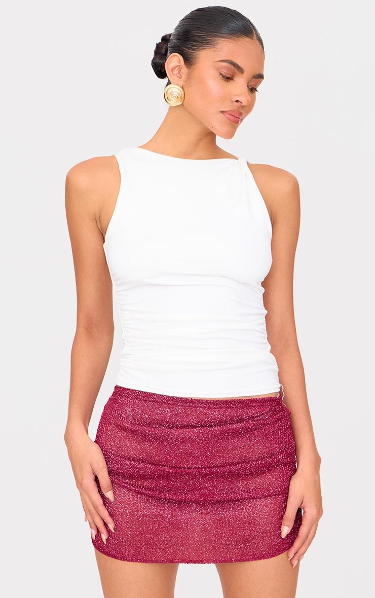 Burgundy Sheer Sequin Knit Ruched Side Mini Skirt Product Image