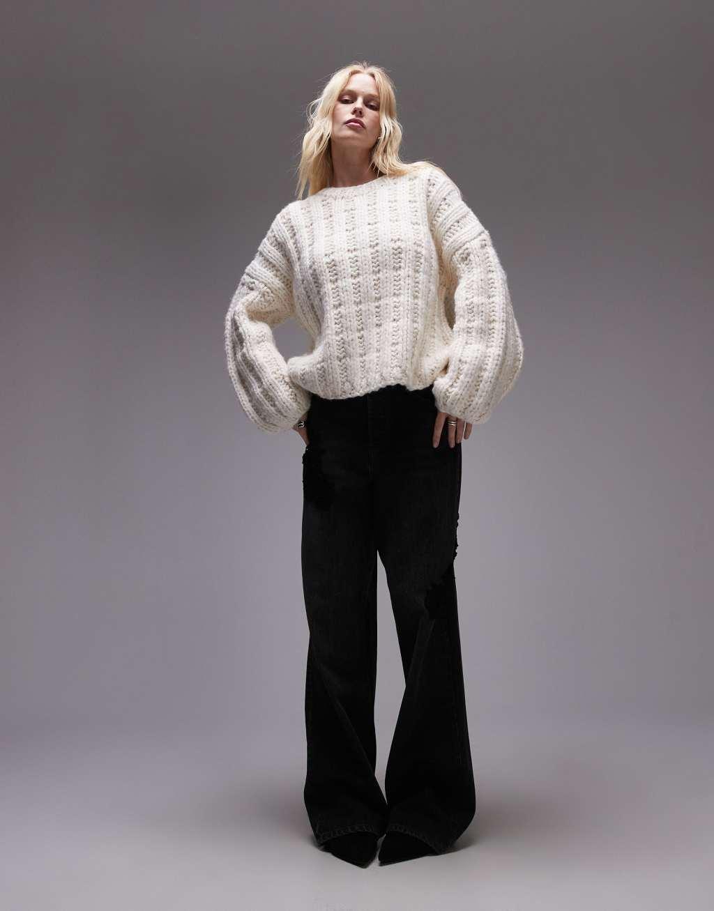 Topshop premium hand knit ladder stitch oversized sweater in ivory Product Image
