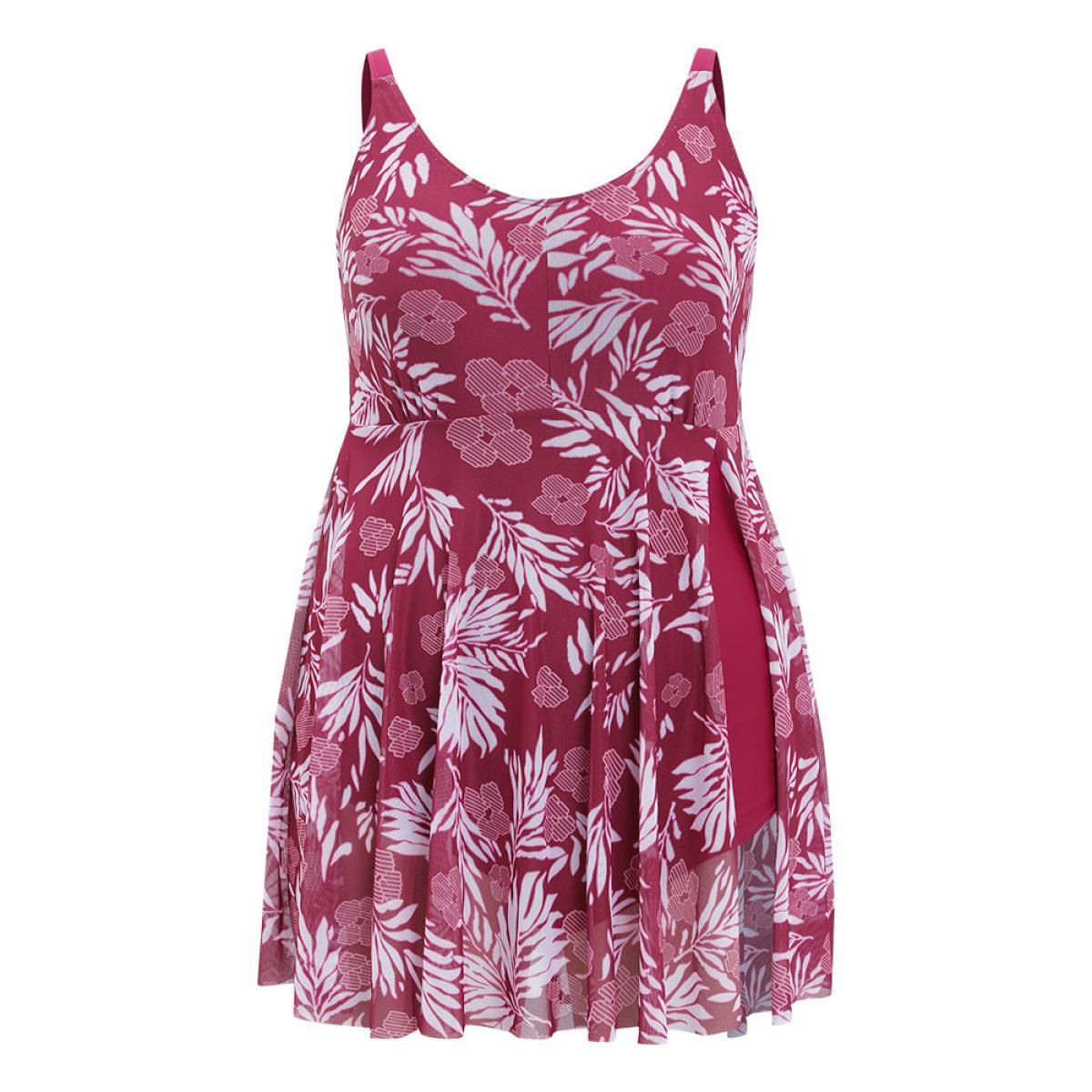Plus Size Floral Print Adjustable Straps Flutter Split Hem Swim Dress Women's Swimwear RedViolet Vacation Bodycon Round Neck High stretch Curve Swim Dresses BloomChic 14-16/1X Product Image