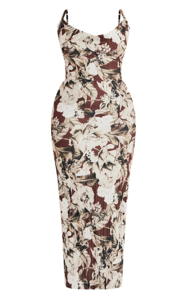 Plus Brown Floral Printed Plisse Cowl Neck Maxi Dress Product Image