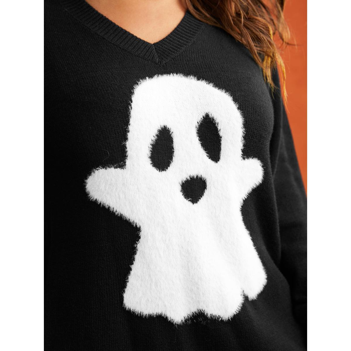 Plus Size Mink Touch Ghost Printed Pullover Black Women Casual Long Sleeve V-neck Everyday Pullovers BloomChic 28/5X Product Image