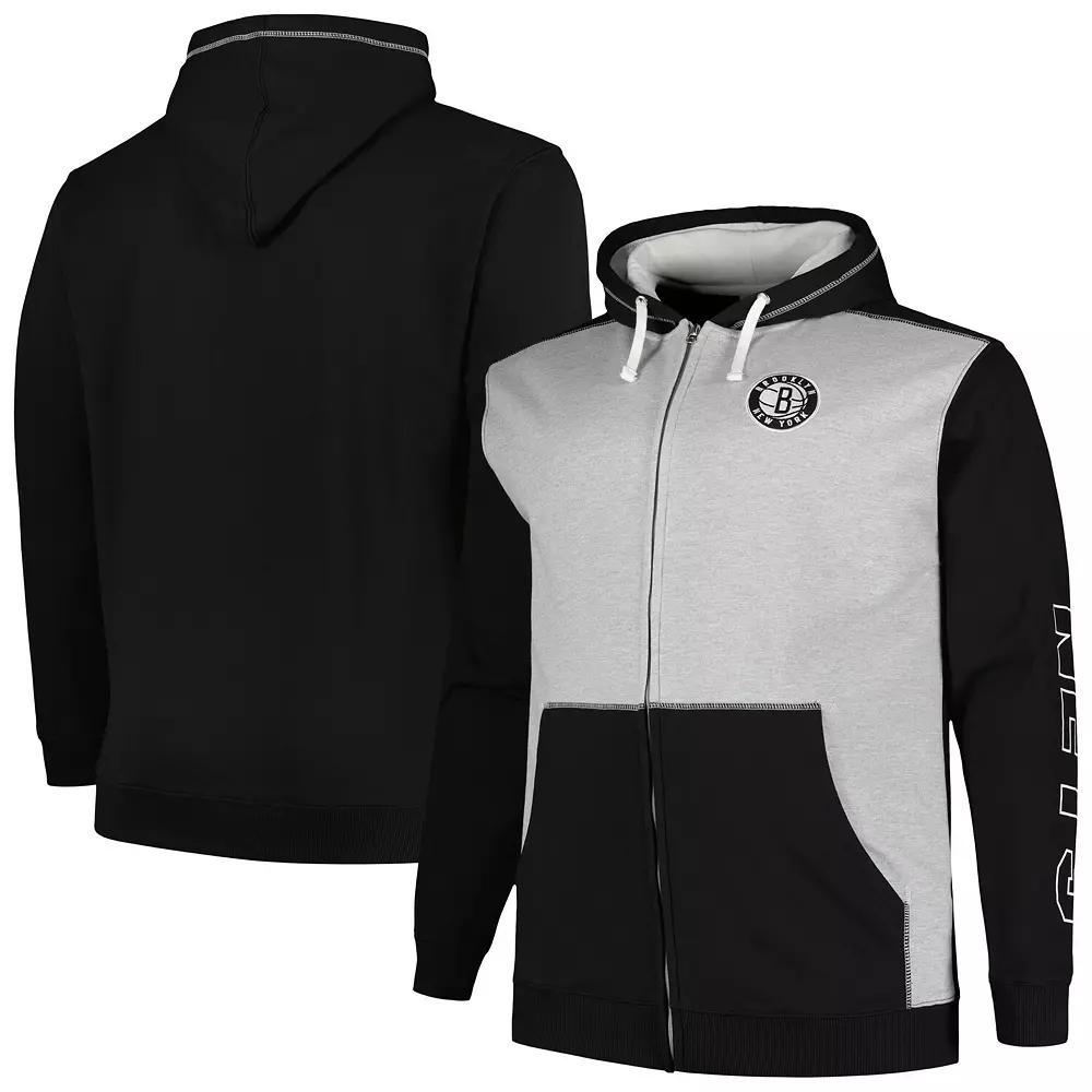 Men's Fanatics Branded Black/Heather Gray Brooklyn Nets Big & Tall Contrast Pieced Stitched Full-Zip Hoodie, Size: 4XB Product Image