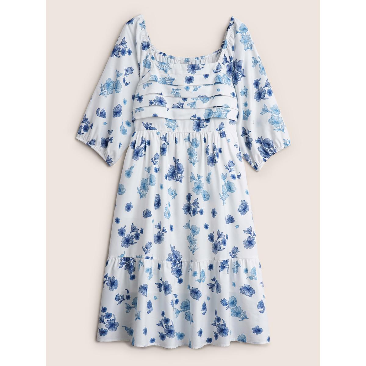 Plus Size Square Neck Floral Print Pleated Lantern Sleeve Dress White Women Elegant Non Square Neck Elbow-length sleeve Curvy Midi Dress BloomChic 22-24/3X Product Image