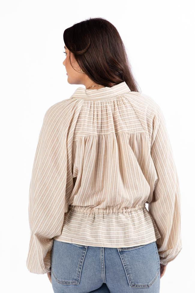 My Hands Are Tied Taupe Striped Drawstring Button Down Blouse SALE Product Image