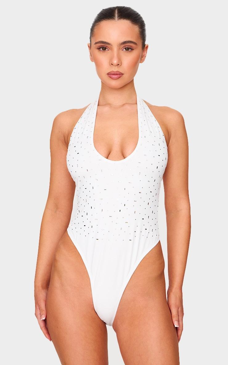 Petite White Embellished Halterneck Bodysuit Product Image