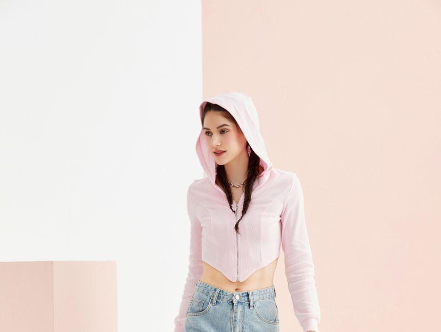 Eco-Friendly Long Sleeve Asymmetrical Zip-Up Crop Hoodie Product Image