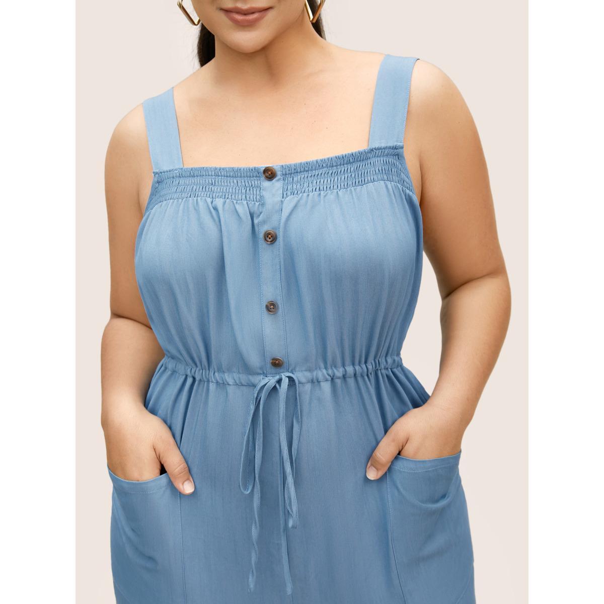 Plus Size Denimblue Solid Shirred Button Detail Drawstring Jumpsuit Women Casual Sleeveless Square Neck Everyday Loose Jumpsuits BloomChic 12/L Product Image