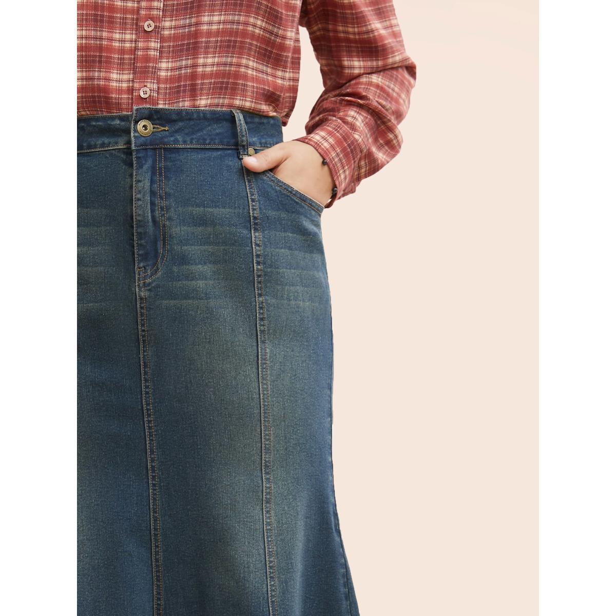 Plus Size Stretch Denim Mermaid Cut Skirt Women Bluevintage Everyday Button Medium stretch Medium Wash 24/3X Casual Denim Skirts BloomChic Product Image