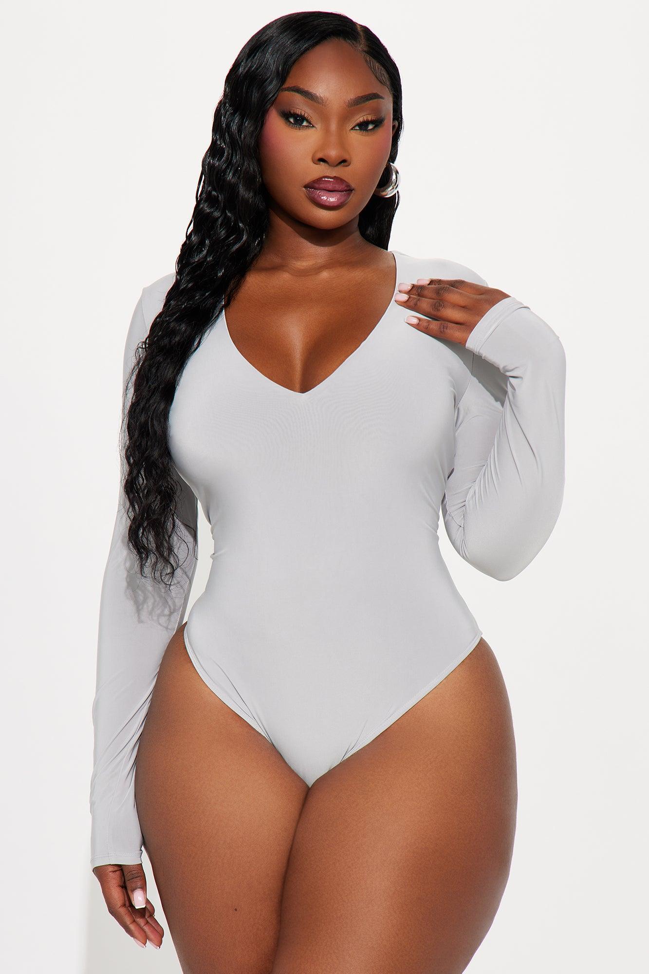 Take The Plunge Lined Long Sleeve Bodysuit - Grey Product Image