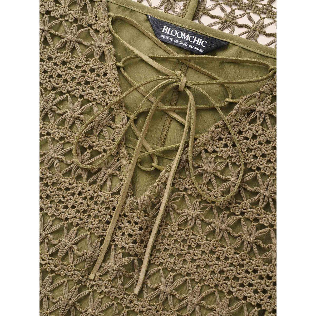 Plus Size Crocheted Lace Up Dolman Sleeve Tiered Dress ArmyGreen Women Casual Texture V-neck Half Sleeve Curvy BloomChic 18-20/2X Product Image
