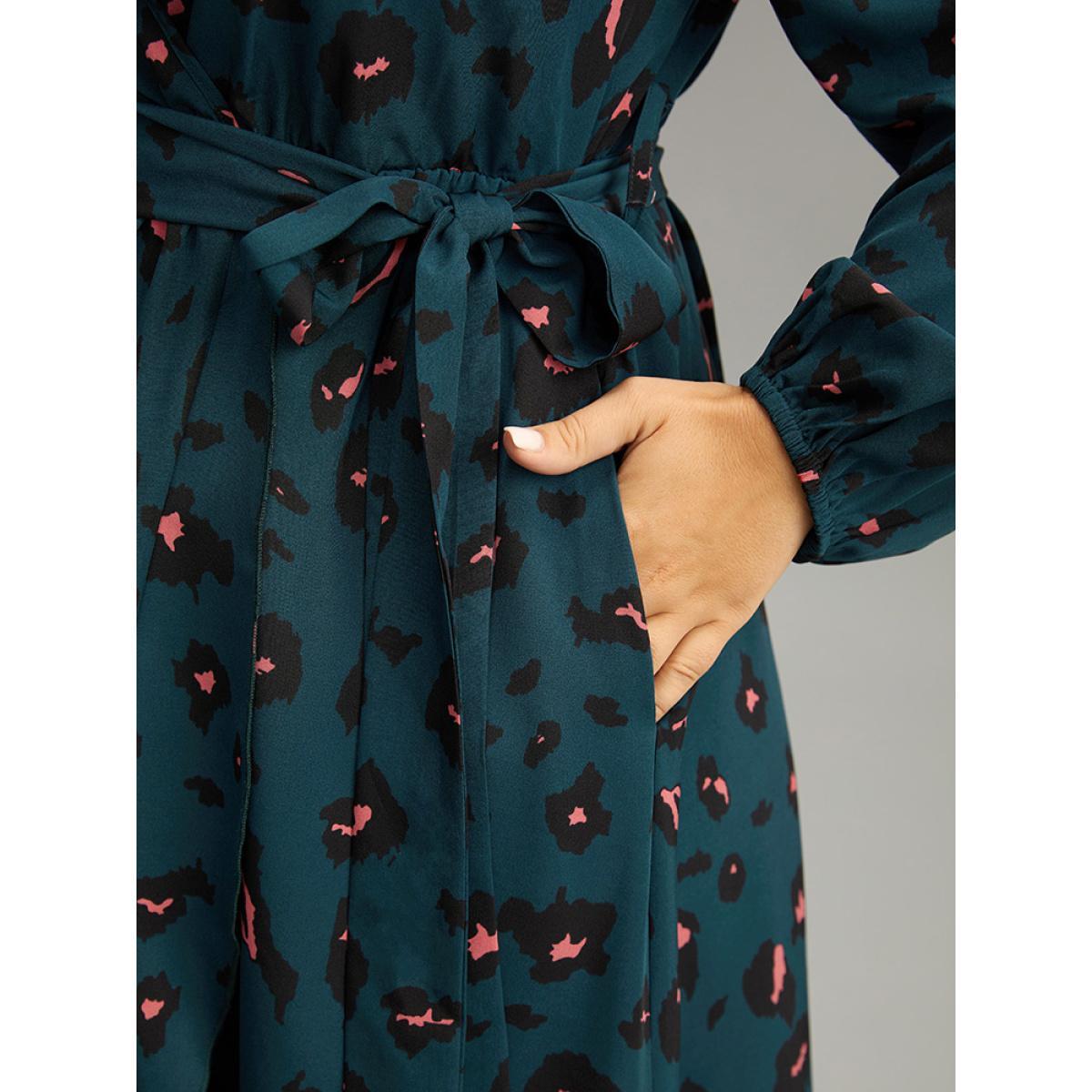 Plus Size Allover Print Surplice Neck Flutter Trim Dress DarkSlateGray Women Elegant Elastic cuffs V-neck Long Sleeve Curvy Midi Dress BloomChic 18-20/2X Product Image