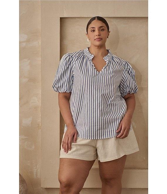 Sugarlips Plus Jayla Vertical-Striped Puffed Sleeve Button Front Shirt Product Image