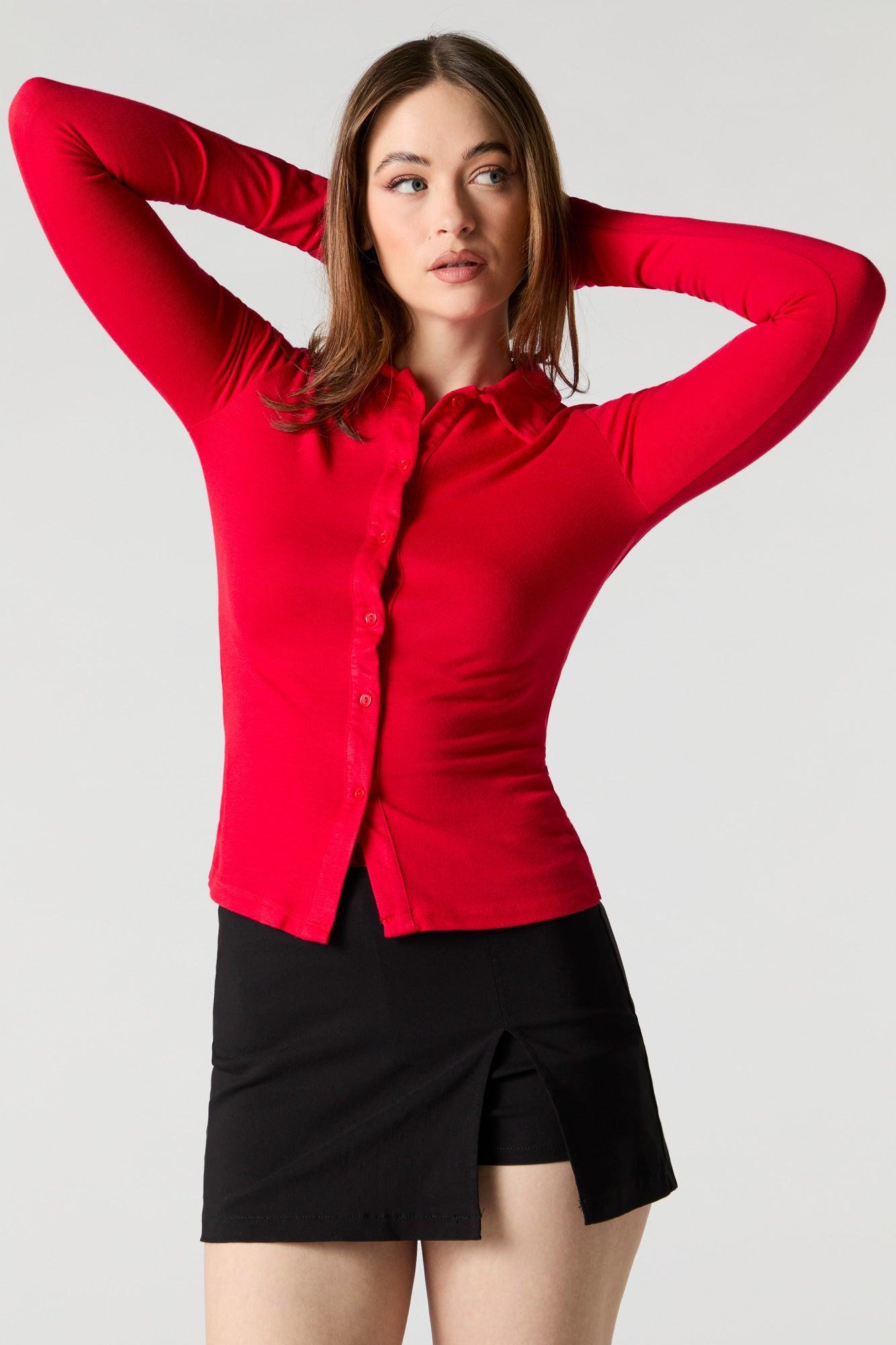 Ribbed Button-Up Front Collared Top Female Product Image