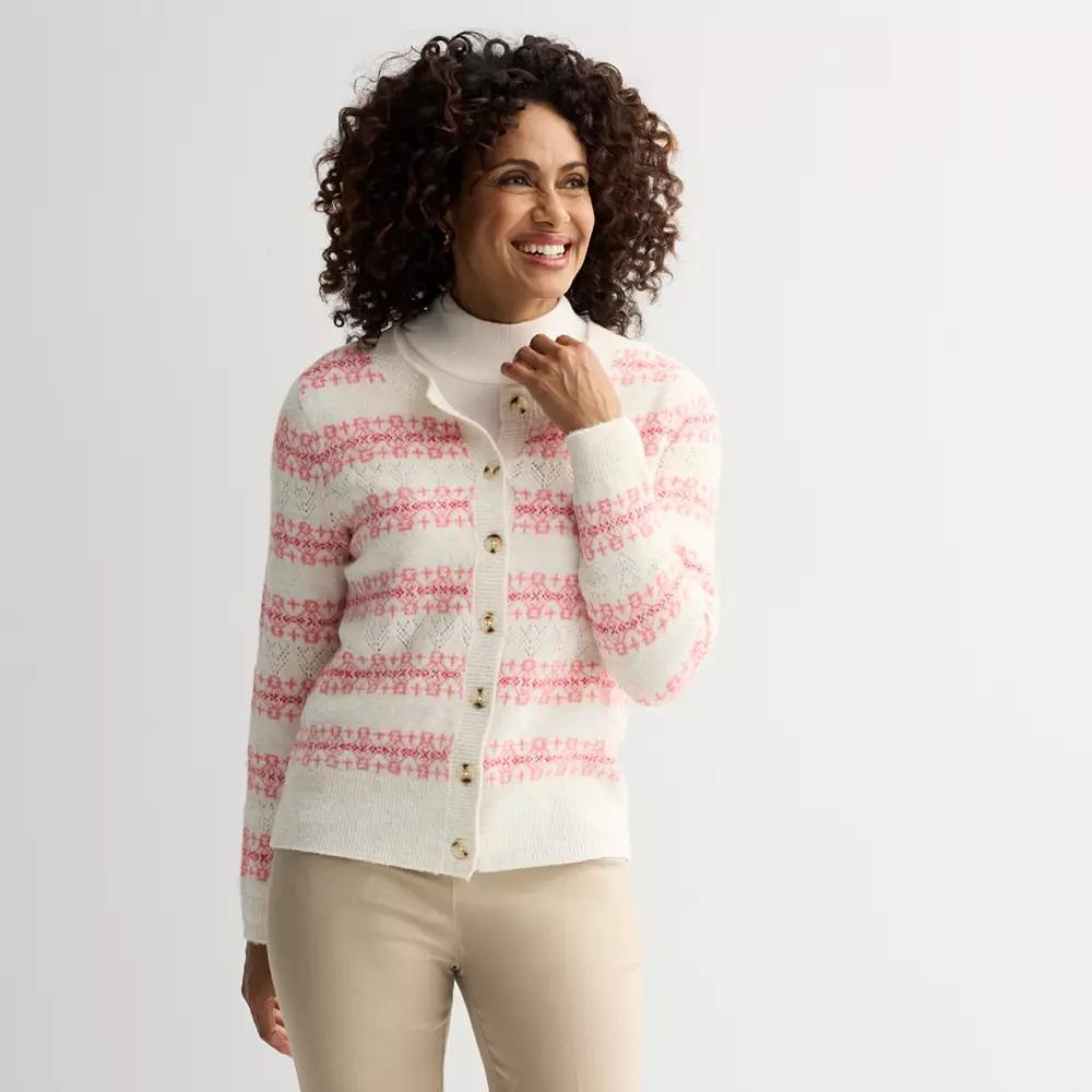 Petite Croft & Barrow® Pointelle Print Button-Front Cardigan, Women's, Size: XXL Petite, Pink Fairisle Product Image