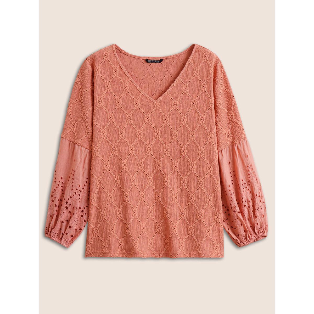 Plus Size Plain Texture Broderie Anglaise Patchwork T-shirt Salmon Women Resort Texture Plain V-neck Vacation T-shirts BloomChic 18-20/2X Product Image