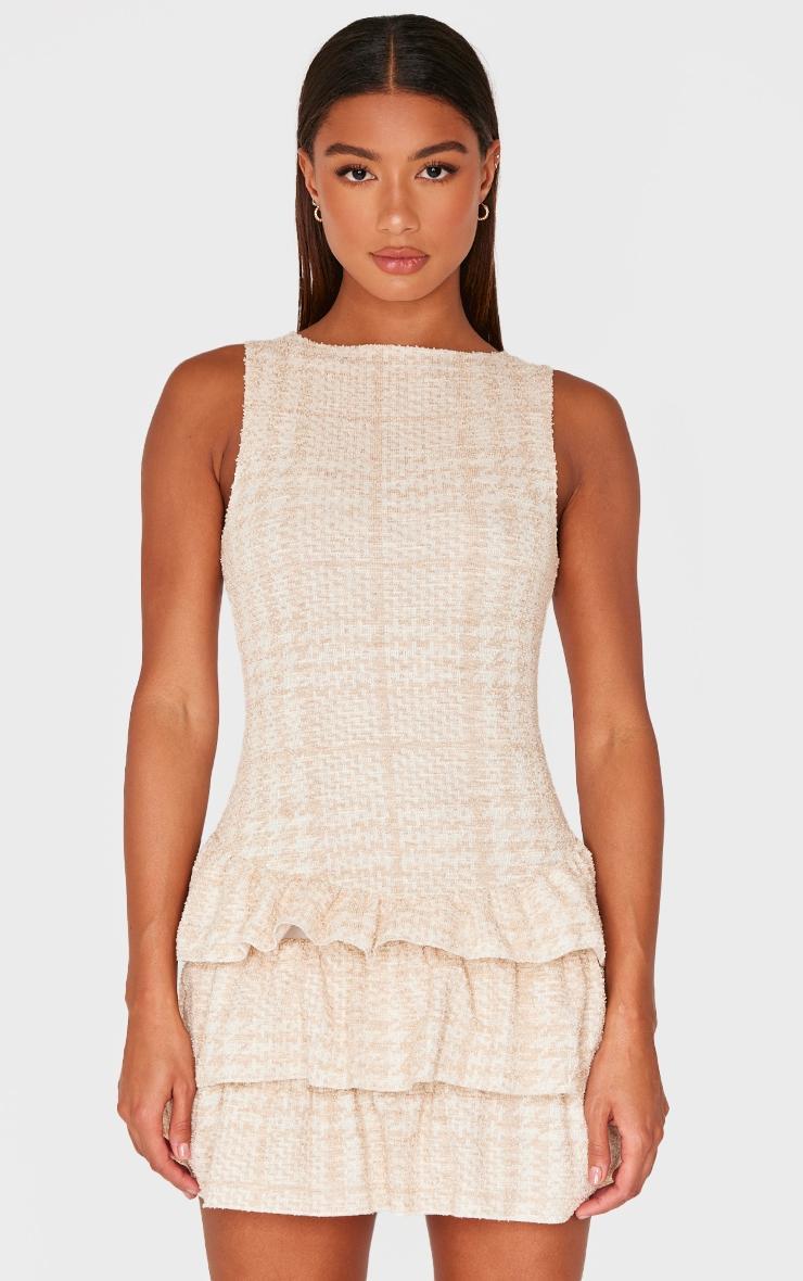 Cream Boucle Sleeveless Frill Mini Dress Product Image