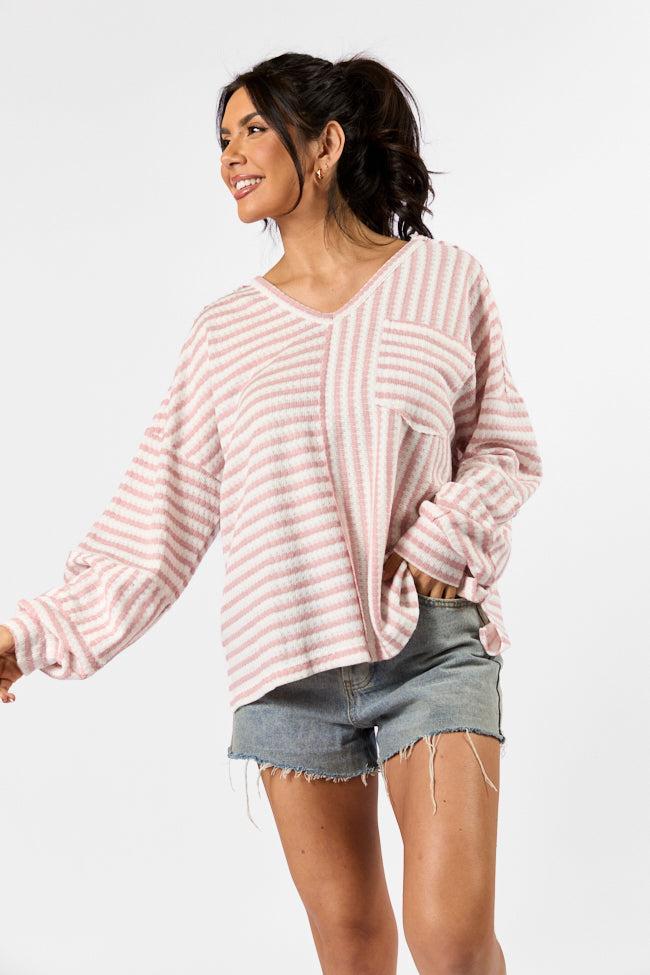 All For Sun Pink and Ivory Striped Knit V-Neck Long Sleeve Tee FINAL SALE Product Image