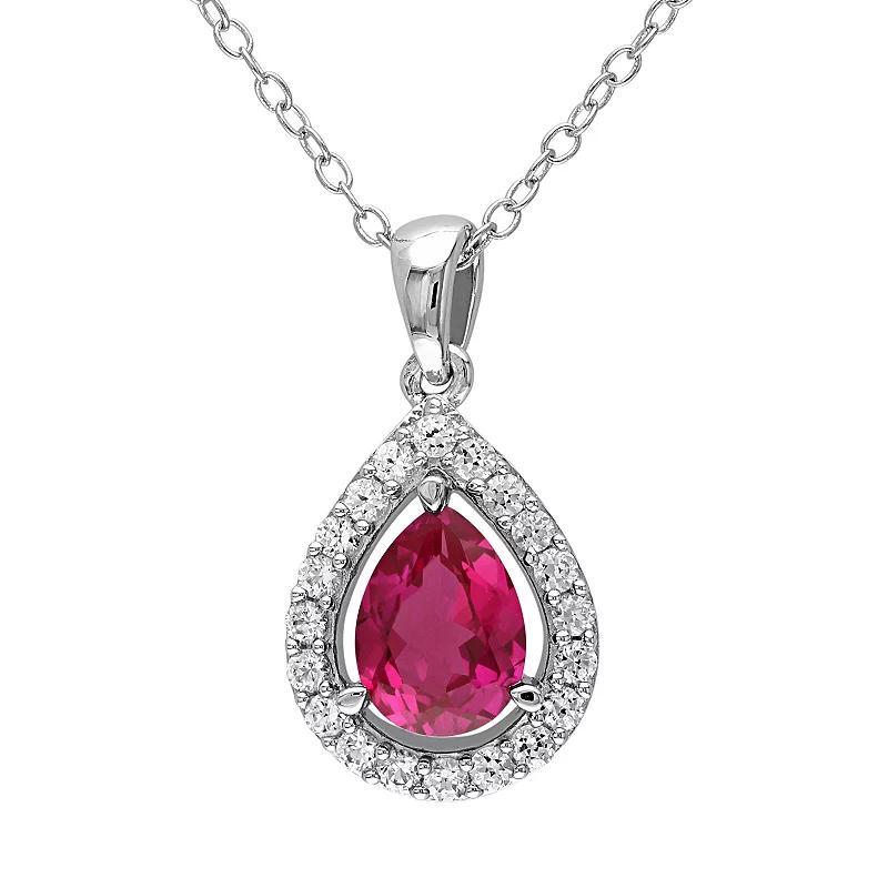 Stella Grace Lab-Created Ruby & Lab-Created White Sapphire Sterling Silver Teardrop Halo Pendant Necklace, Womens Red Product Image