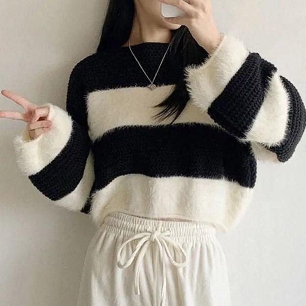 Crewneck Striped Crop Sweater Product Image